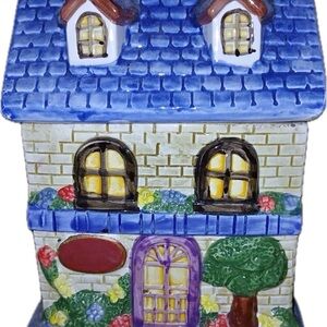 Charming vintage Ceramic cookie jar House Art Decor - Blue, Yellow, Purple